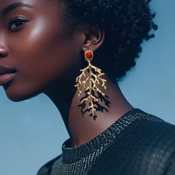 Zara Coral Tree Drop Dangle Earrings - Picture 3 of 6